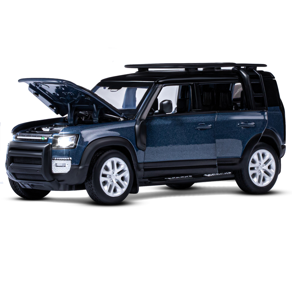 Модель 1:32 Land Rover Defender 110, синий, откр.4 двери, капот, багажник, свет, звук,