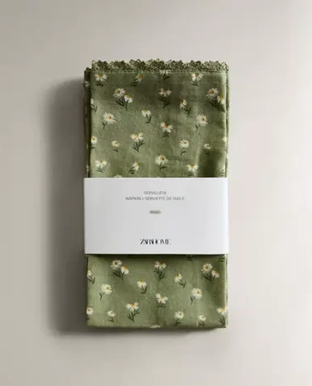 ZARA HOME САЛФЕТКИ ИЗ ХЛОПКА С ПРИНТОМ «РОМАШКИ» (НАБОР ИЗ 2 ШТ.), ЗЕЛЕНЫЙ