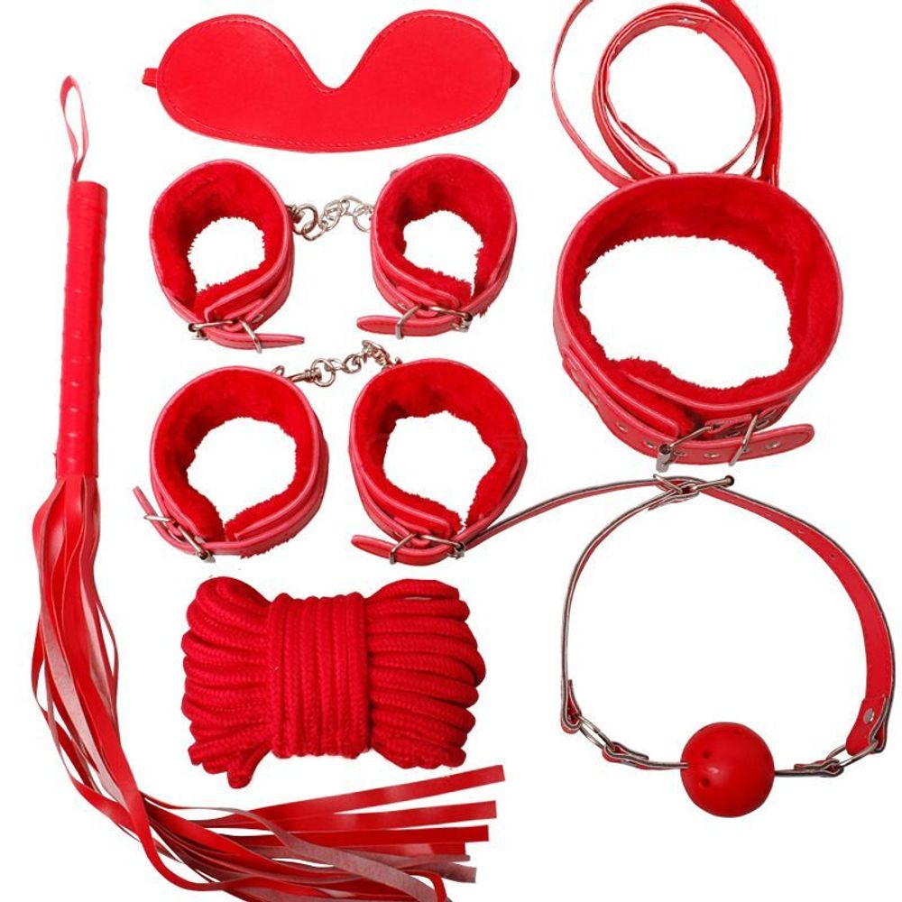 BDSM набор с мехом, 7 предметов (красный)