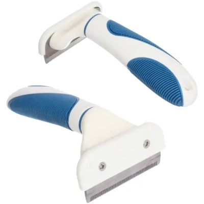 Расческа - дешеддр для животных «ЛАПУСИКИ», коллекция БРО, прорезиненная ручка, цвет белый/голубой, 8*15.5см (блистер)