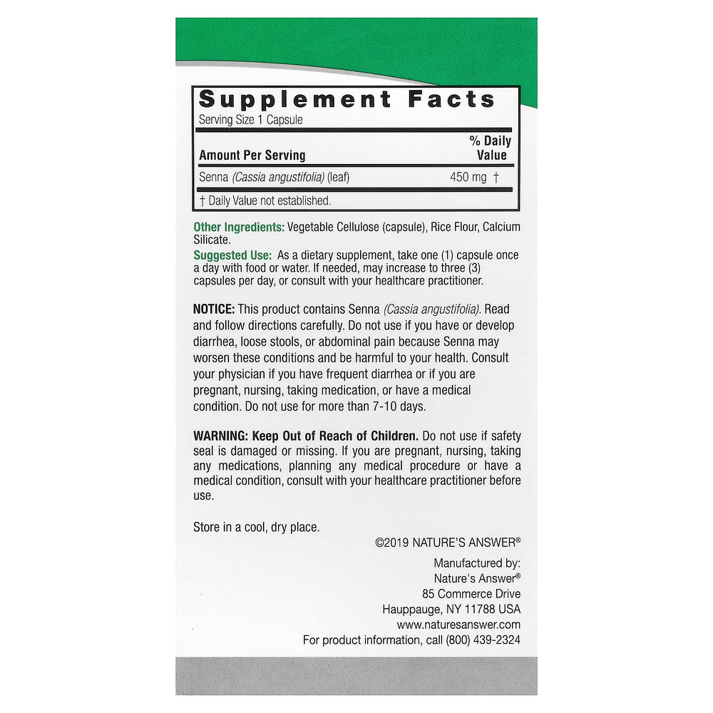 Nature's Answer, Сенна, 450 мг, 90 вегетарианских капсул