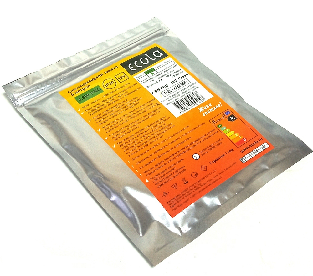 Светодиодная лента Ecola 4.8W/12v/8mm Зеленый (5м./уп)