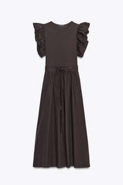 ZARA КОМБИНИРОВАННОЕ ПЛАТЬЕ С ВОЛАНАМИ, ШОКОЛАДНЫЙ