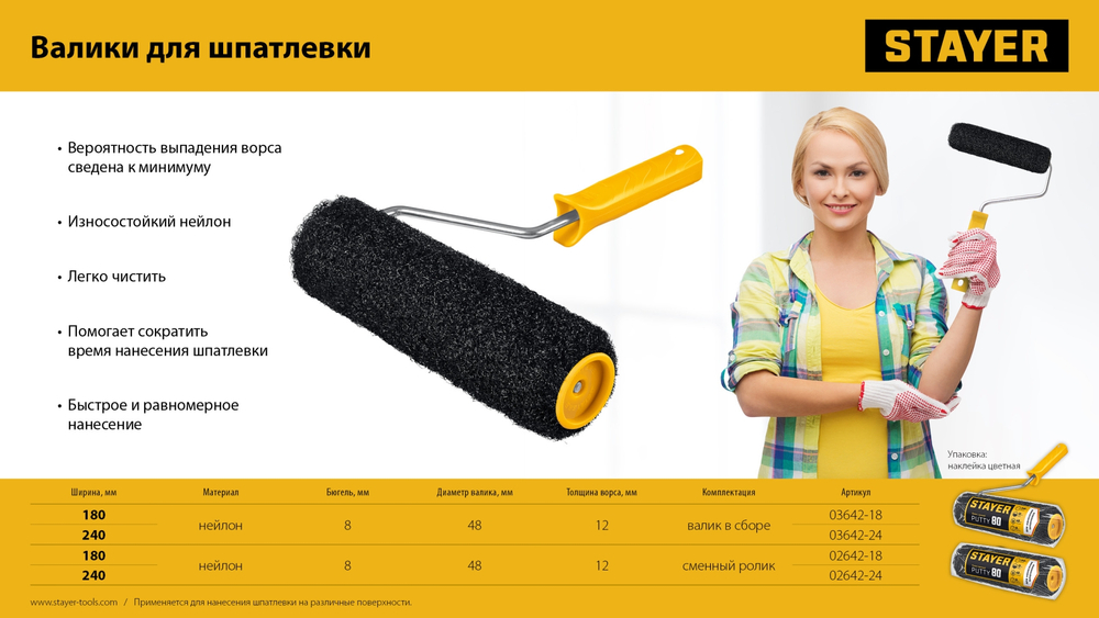 STAYER PUTTY 80 мм, 180 мм, 8 мм ручка, валик для шпатлевки, PROFESSIONAL (03642-18)