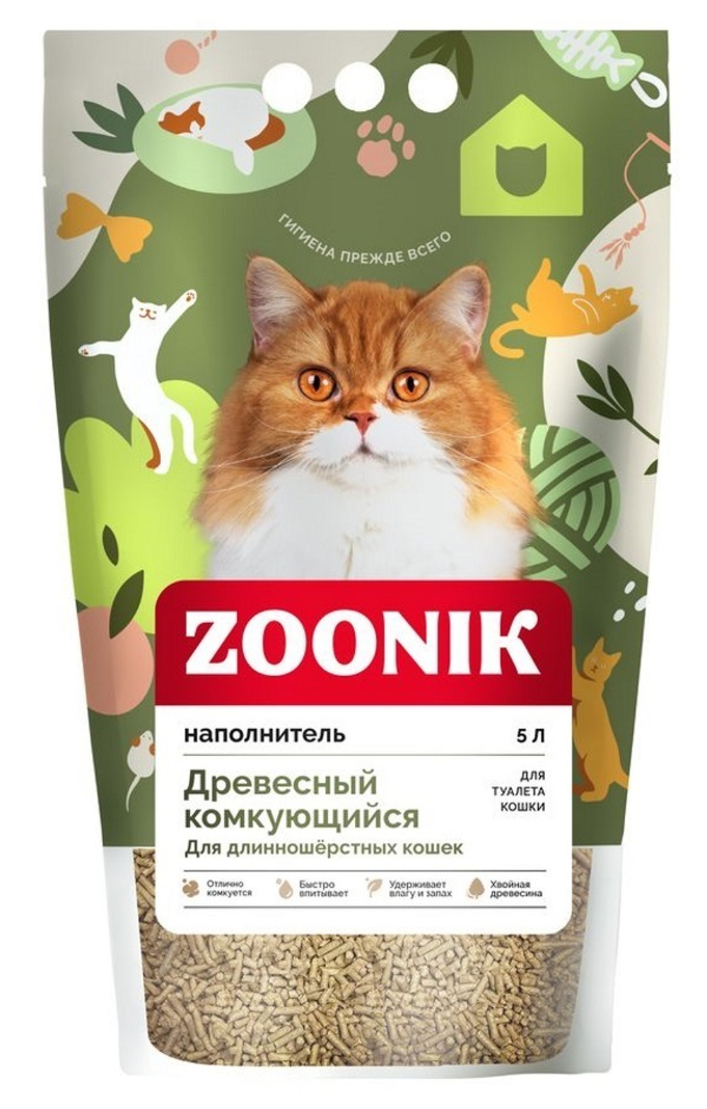 Древесный комкующийся наполнитель Зооник для длинношерстных кошек 5 л