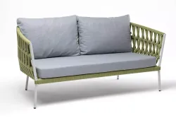 "Диего" диван 2-местный плетеный из роупа, каркас алюминий светло-серый (RAL7035) муар, роуп салатовый меланж круглый, ткань светло-серая