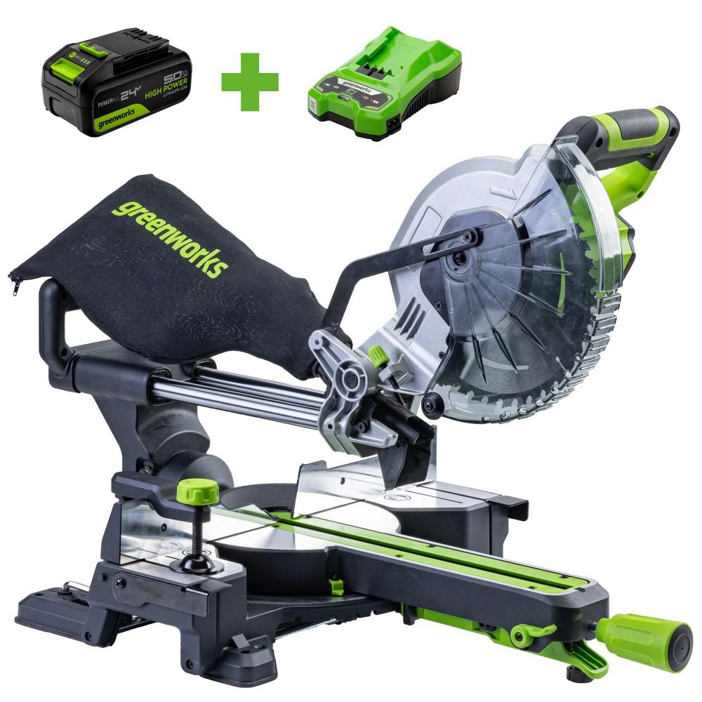 Торцовочная пила акк. Greenworks GD24MS216, 24V, б/щ, 4800 об/мин, 216x30мм,рез 65х310мм,c 1х5 АКБ Ач и быстрым ЗУ (1501707UG)