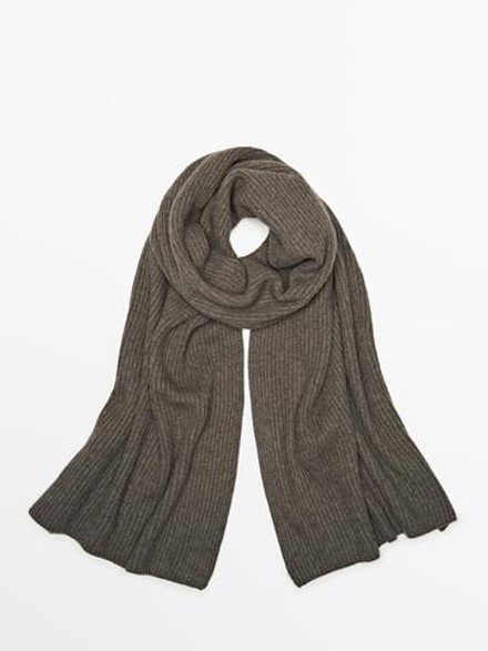 Massimo Dutti Шарф из 100% кашемира в рубчик, темный хаки