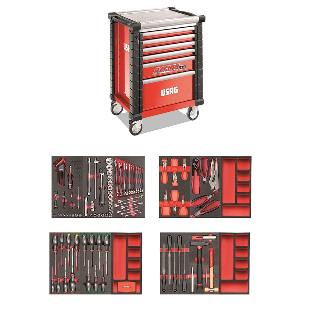 519 RS6/3MM Тележка с набором инструмента 156 пр., 6 ящиков, красный цвет, USAG (Италия)