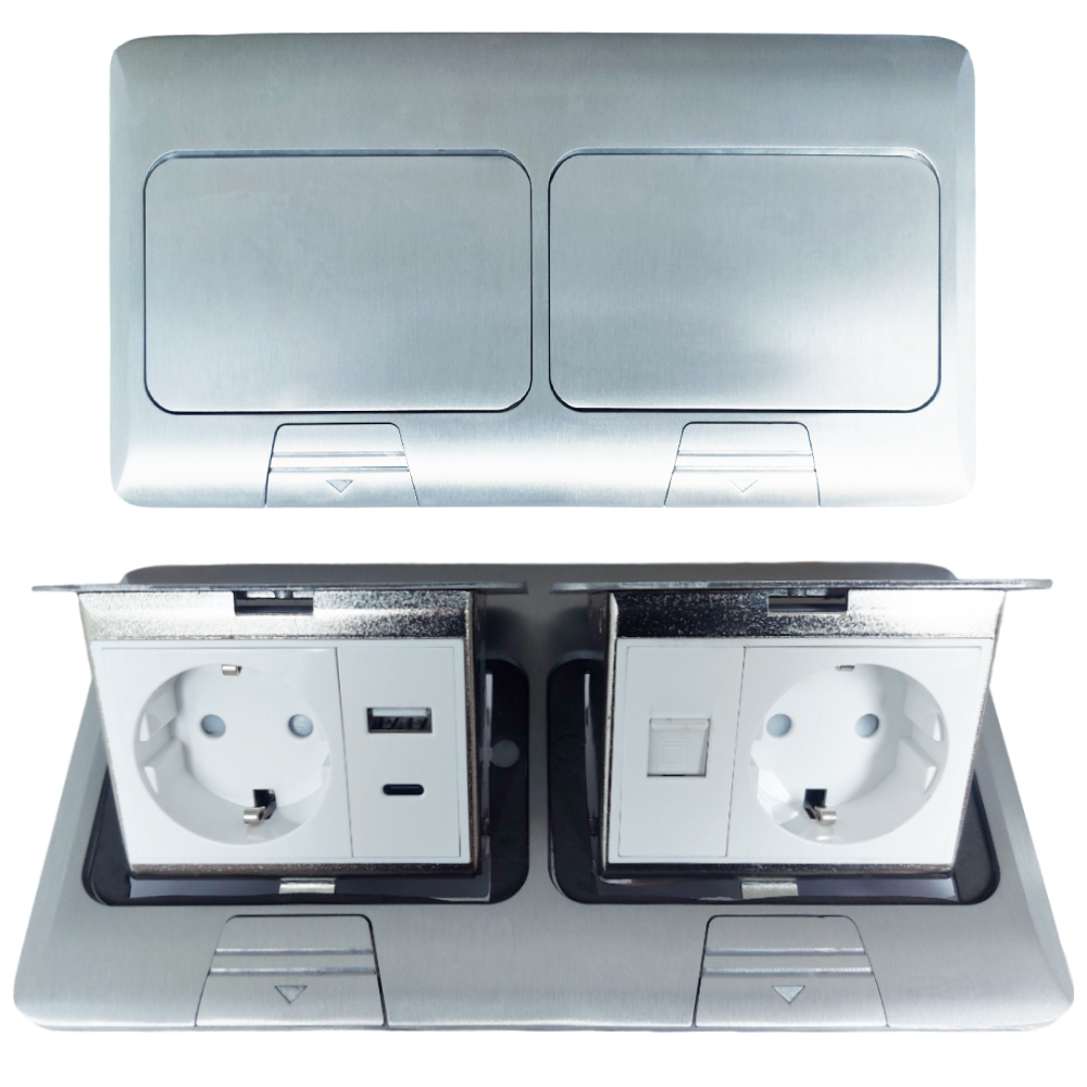 Лючок в пол 2-РОЗЕТКА + USB+TYPE-C + INT (цвет серебро)