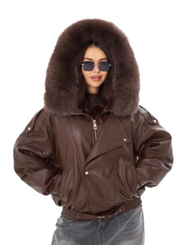 Шоколадный пуховик из эко-кожи с капюшоном