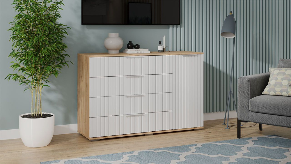 Комод для одежды с ящиками и полками Дуб Крафт золотой/Белый матовый 4 ящика 129х41х84 см