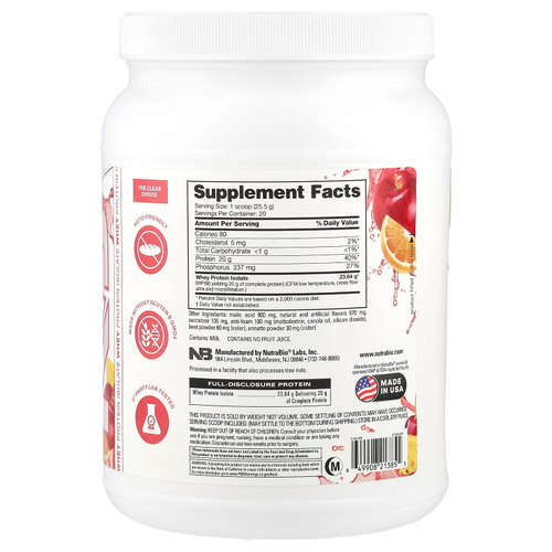 NutraBio, Прозрачный протеиновый порошок, изолят сывороточного протеина, фруктовый пунш, 511 г (1,1 фунта)