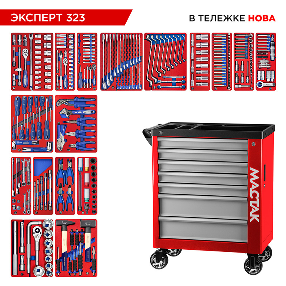 МАСТАК (50-07323R) Набор инструментов 323 предмета, "ЭКСПЕРТ 323", в красной тележке