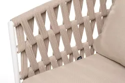 "Диего" диван 2-местный плетеный из роупа, основание дуб, каркас алюминий светло-серый (RAL7035) шагрень, роуп бежевый круглый, ткань бежевая 15052