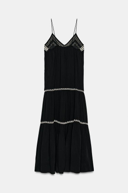 ZARA ДЛИННОЕ ПЛАТЬЕ С ВЫШИВКОЙ ИЗ КОЛЛЕКЦИИ ZW, ЧЕРНЫЙ/ЭКРЮ