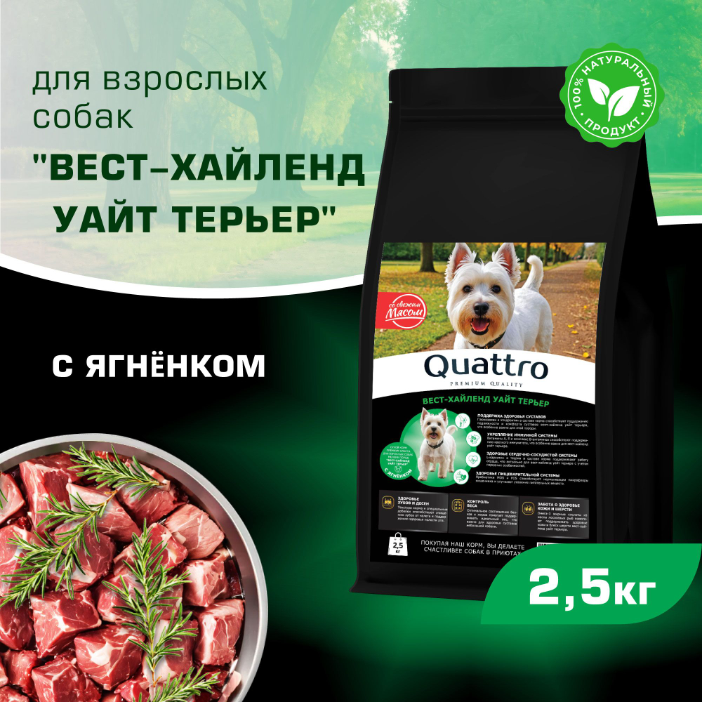 Корм сухой для взрослых собак породы Вест-хайленд уайт терьер, с ягненком, 2,5 кг, QUATTRO