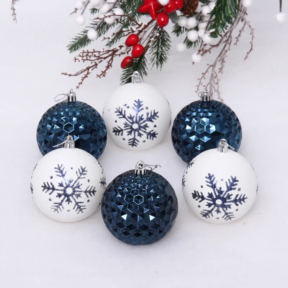 Набор шаров 8 см «Снежное сияние» (в наборе 6 шт), Сапфир/Белый