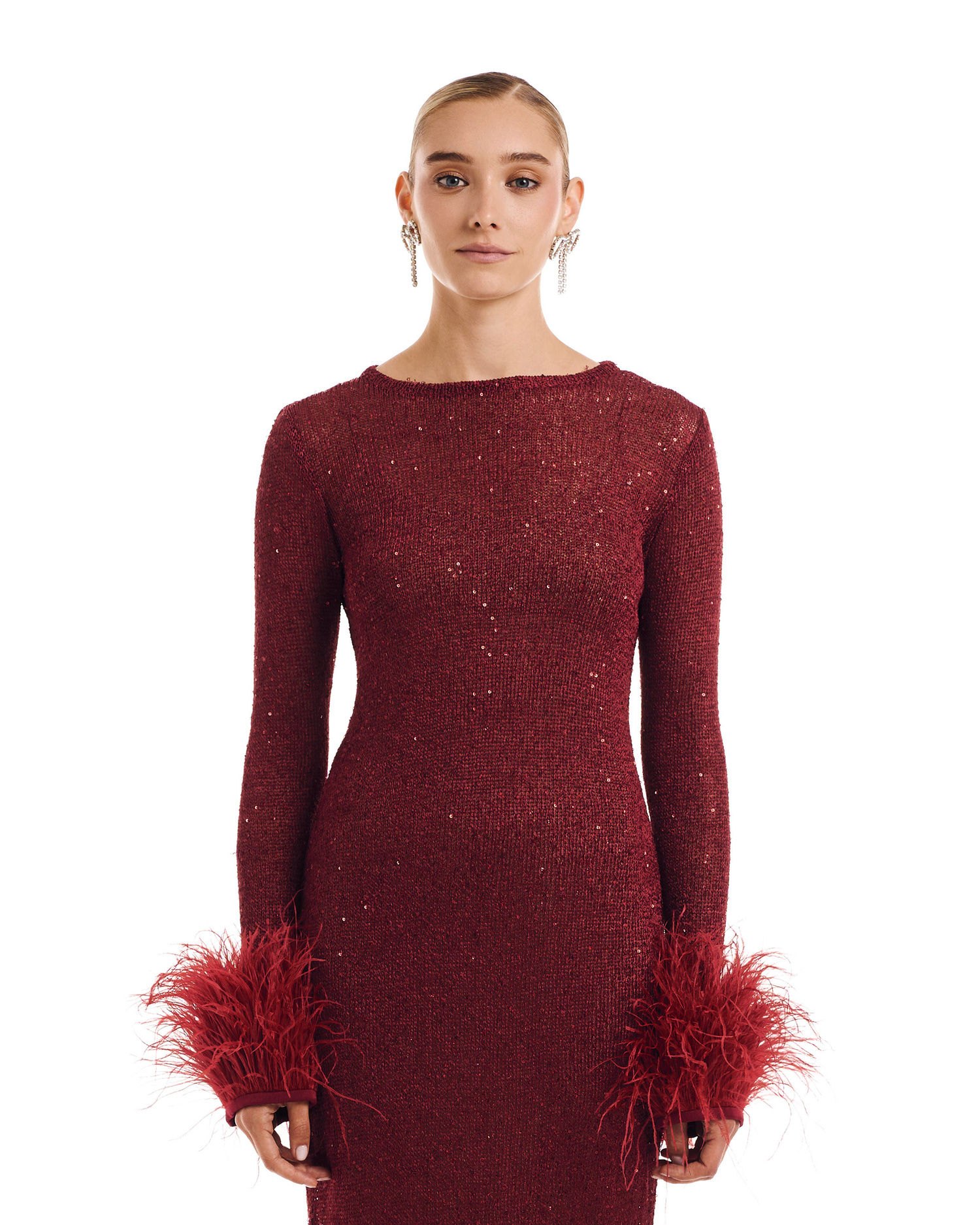 Платье PERSIMMON (персимон) бордо с перьями на рукавах