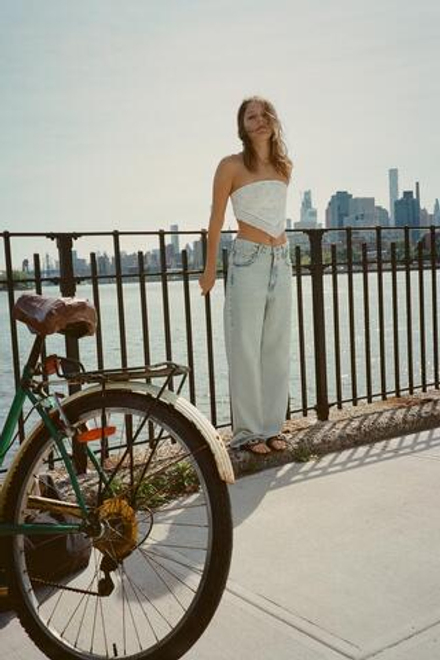 ZARA ВЫШИТЫЙ ТОП БЕЗ БРЕТЕЛЕК, ЖЕЛТОВАТО-БЕЛЫЙ