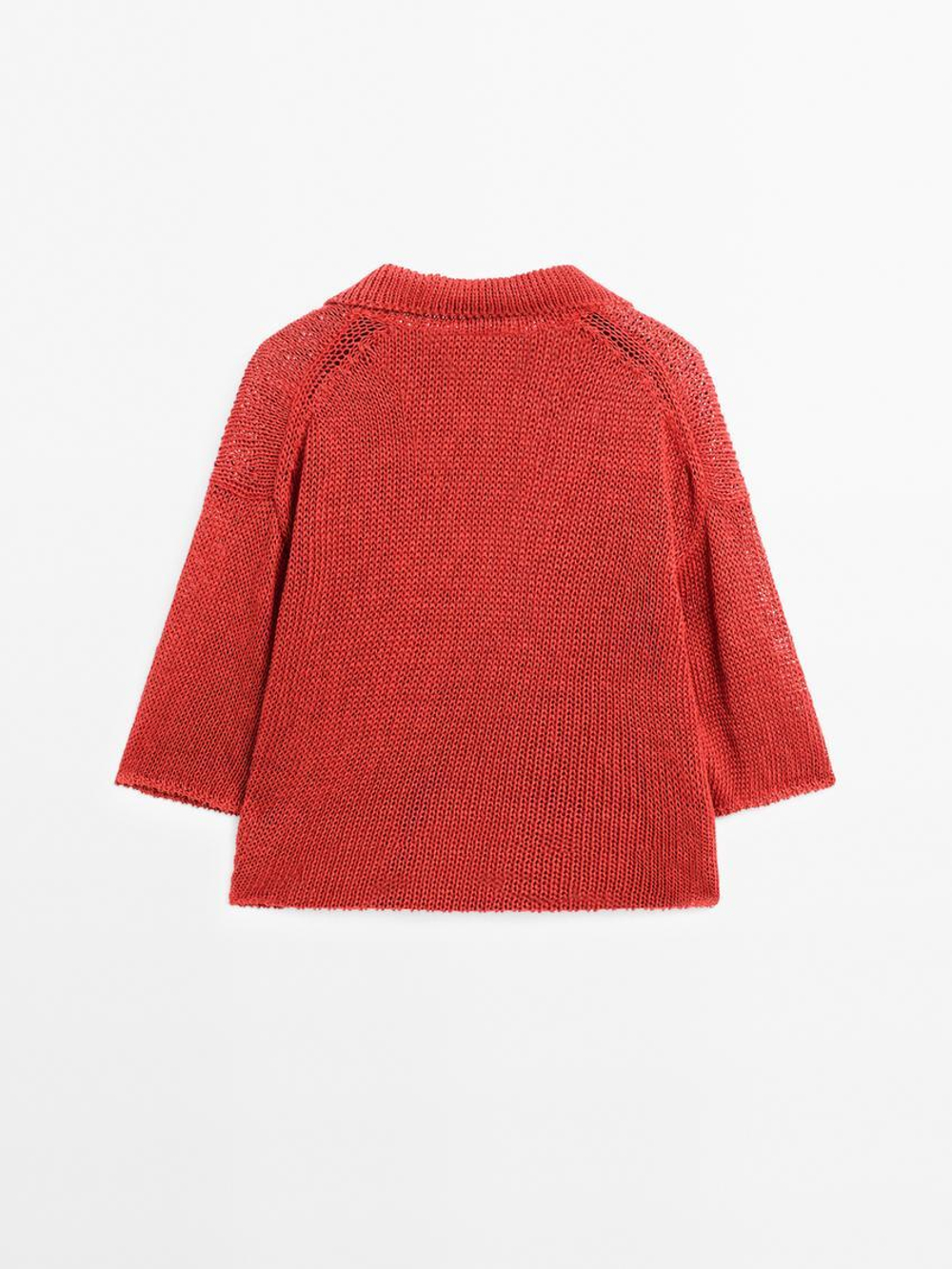 Massimo Dutti Свитер из ажурного трикотажа с воротником-поло - Studio, терракотовый