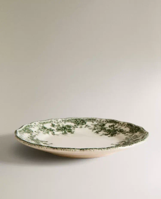 ZARA HOME ФАЯНСОВАЯ ТАРЕЛКА ДЛЯ ХЛЕБА С ЦВЕТОЧНЫМ УЗОРОМ, ОЛИВКОВЫЙ