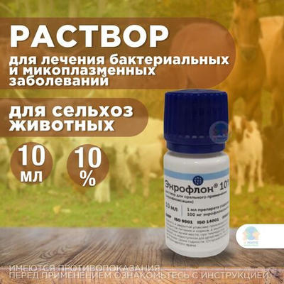ВИК Энрофлон 10%, раствор для лечения бактериальных и микоплазменных заболеваний сельскохозяйственных животных, 10 мл, 1шт. Энрофлоксацин.