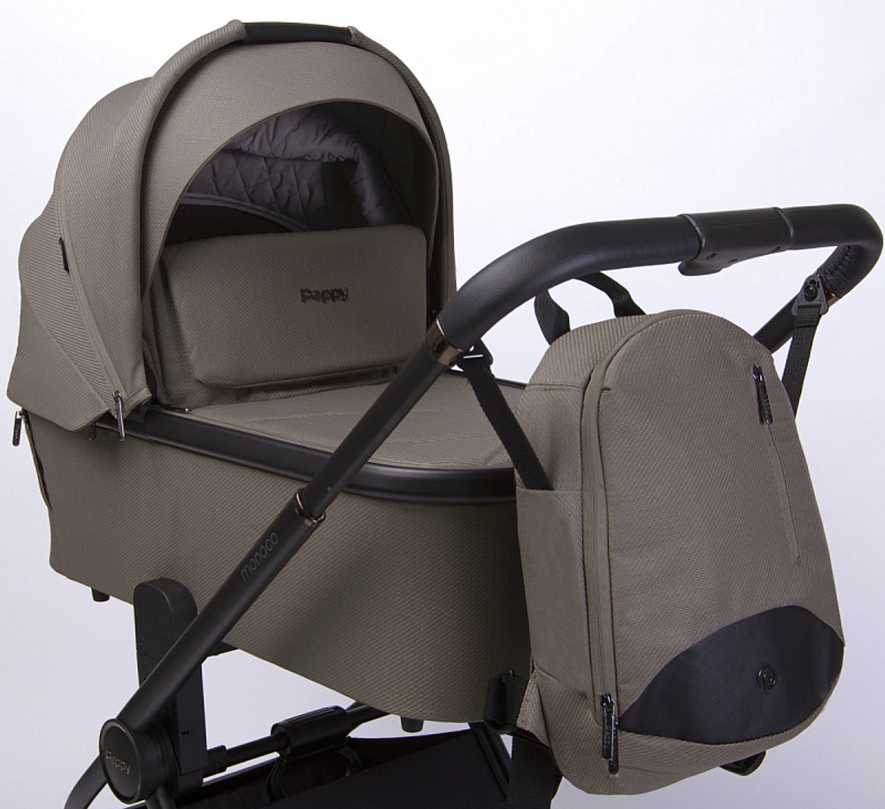 Детская коляска Peppy Monaco 3 в 1 с автокреслом First Sandstone (песочный), рама черная