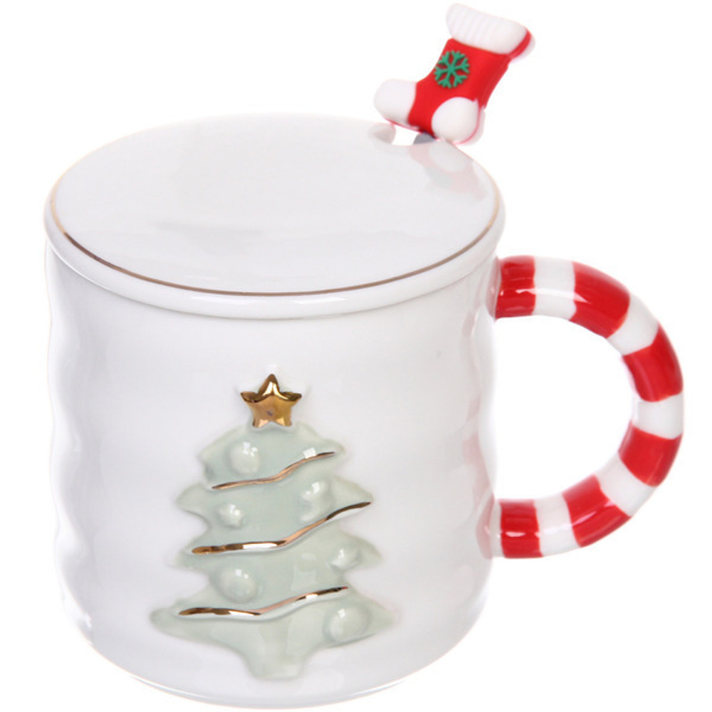 Кружка керамическая 380мл «Новогодняя ёлочка» с крышкой и ложкой