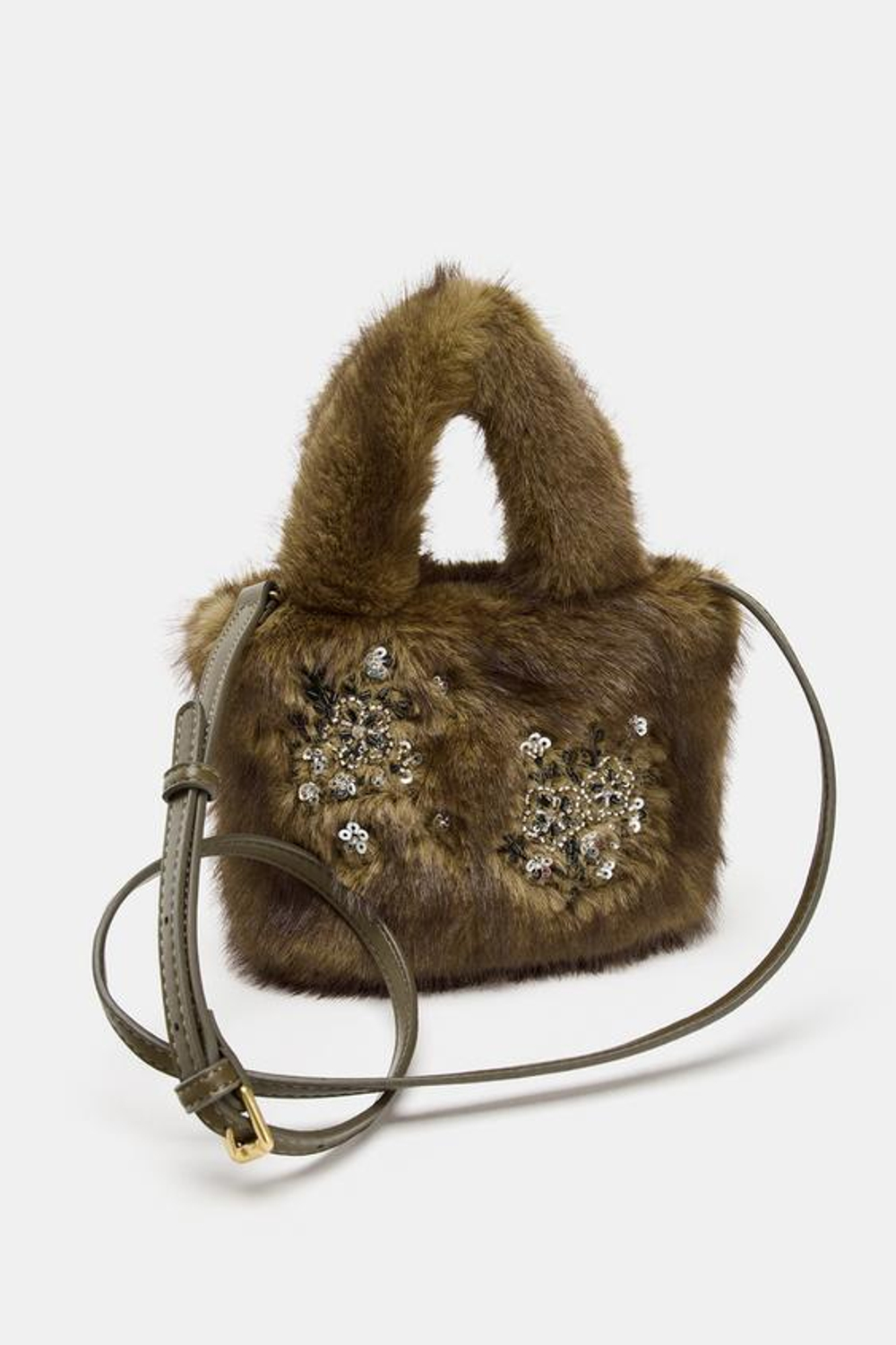 ZARA СУМКА ИЗ ИСКУССТВЕННОГО МЕХА С БЛЕСТКАМИ, ЗЕЛЕНЫЙ
