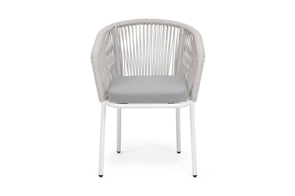 "Марсель" стул плетеный из роупа, каркас алюминий белый муар, роуп светло-серый меланж круглый tex, ткань светло-серая