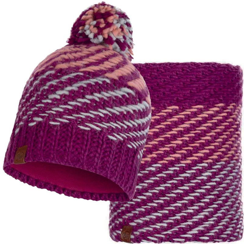 Комплект шарф-шапка вязаный с флисом Buff Nella Purple Raspberry Фото 1
