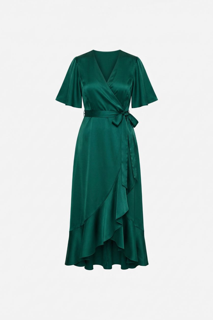 Платье на запах с воланами, изумруд