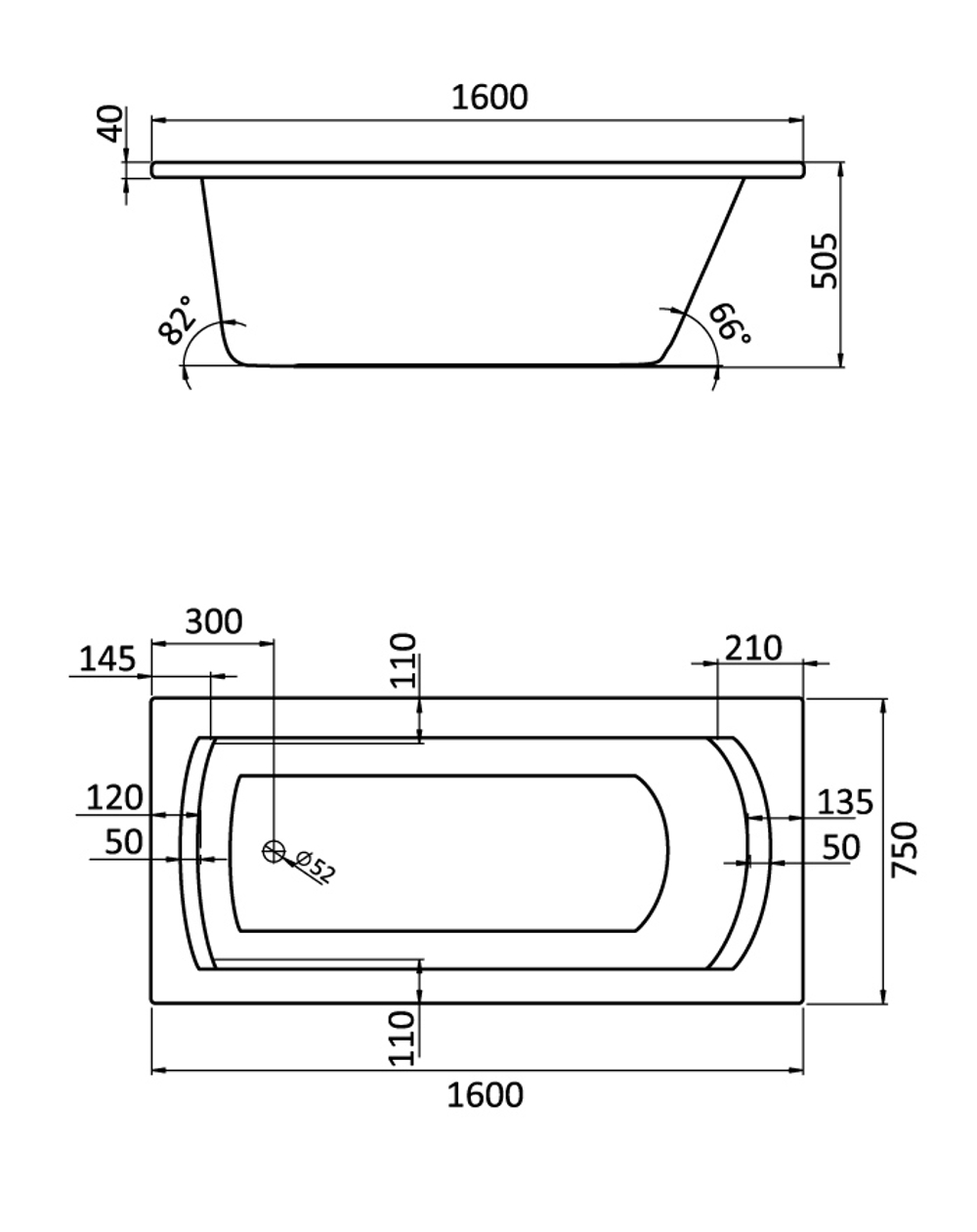 Ванна акриловая прямоугольная "Монако XL" 160х75 белая с г/м "Комфорт Santek