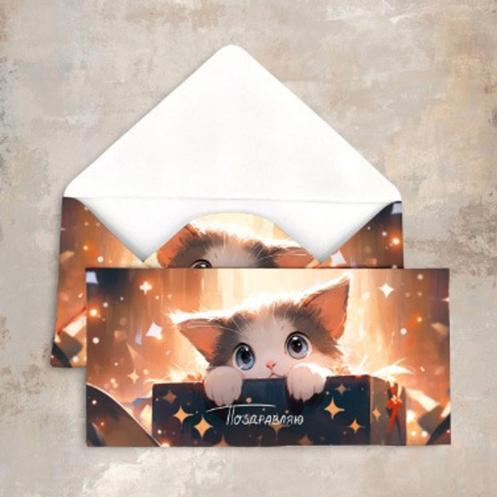 Конверт «Поздравляю (котик в коробке)»