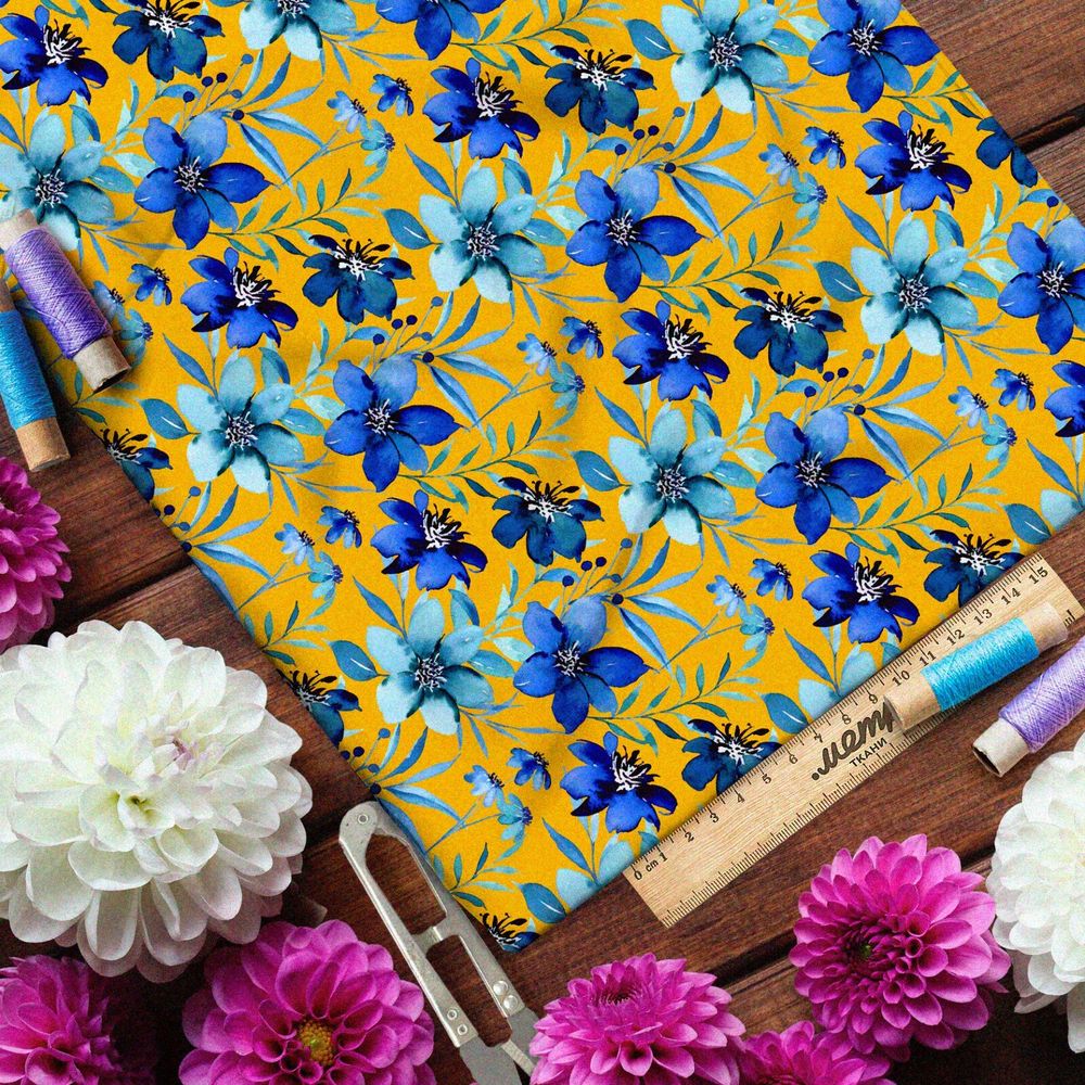 Ткань оксфорд 600 синие цветы на жёлтом фоне