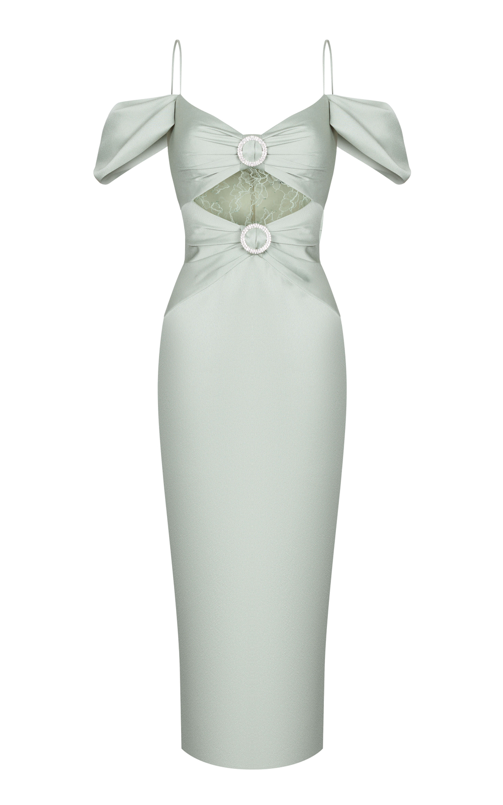 Платье миди из сатина и кружева со спущенными рукавами драпированное с пряжками