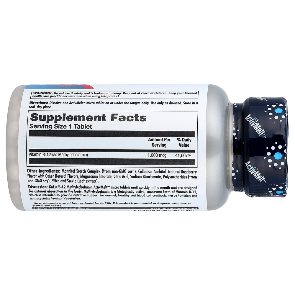 KAL, витамин B12 в форме метилкобаламина, со вкусом малины, 1000 мкг, 90 микротаблеток