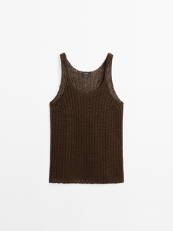 Massimo Dutti Трикотажный топ изо льна с круглым вырезом, шоколадный