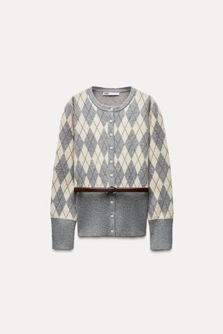 ZARA КАРДИГАН С УЗОРОМ «РОМБЫ» И РЕМНЕМ, НАТУРАЛЬНЫЙ СЕРЫЙ