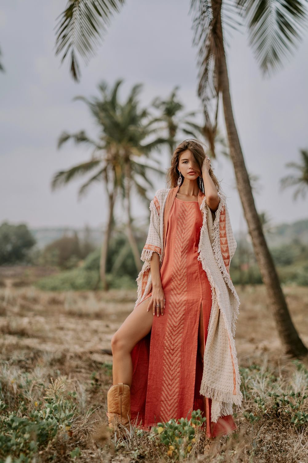 Длинное бохо-платье (корал)