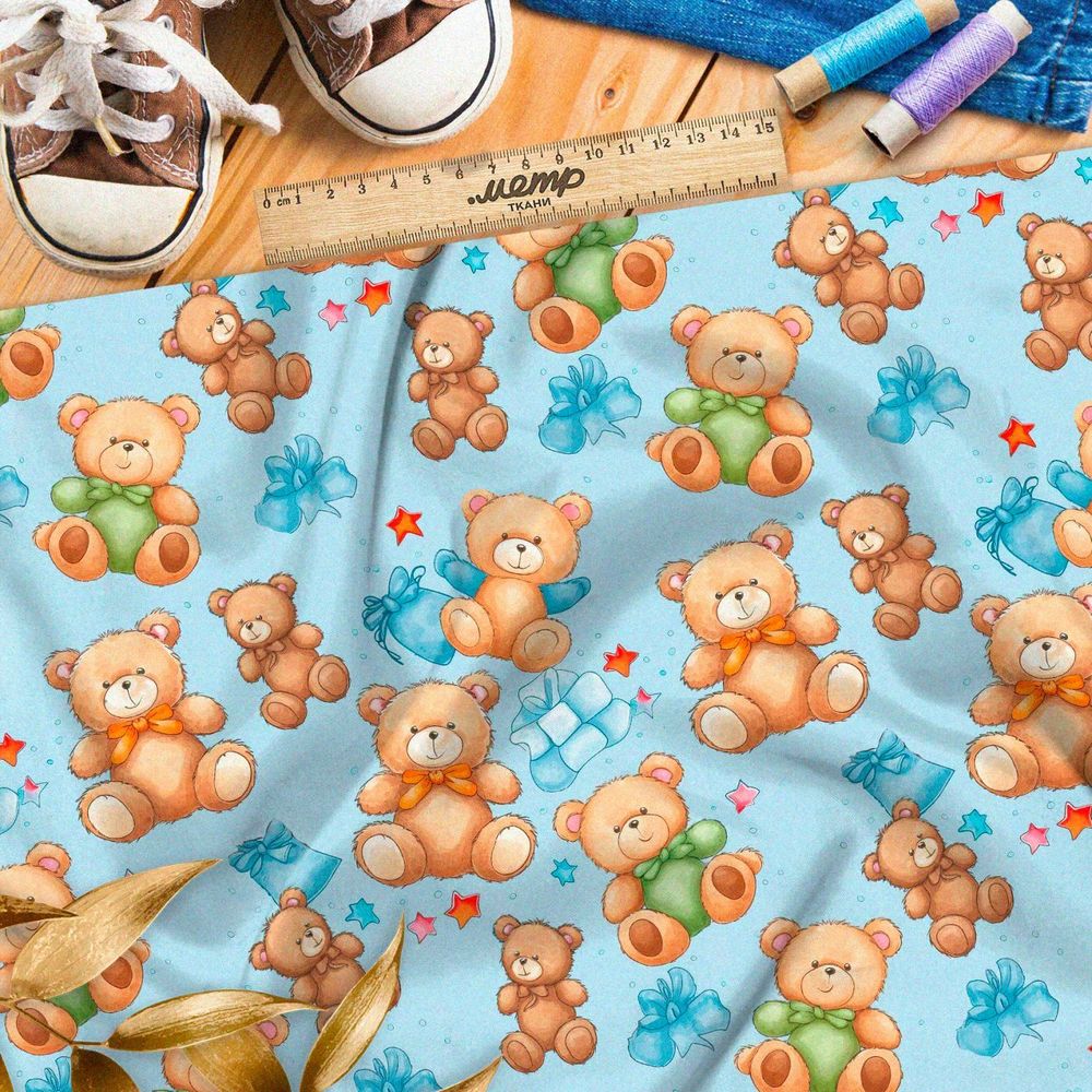 Ткань премиум дюспо медведи с подарками на голубом