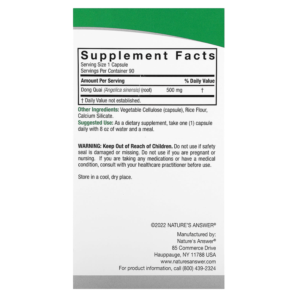 Nature's Answer, дягиль лекарственный, 500 мг, 90 вегетарианских капсул