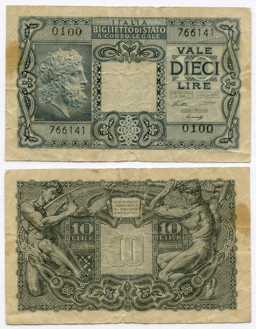 Банкнота Италия 10 лир 1944 год 0100 766141. F-VF