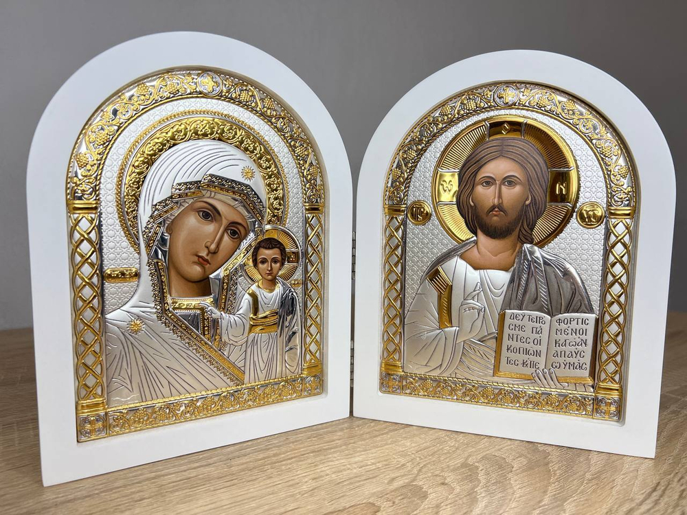 Складень, Спаситель, Казанская БМ, икона арочная, белое дерево 200x300