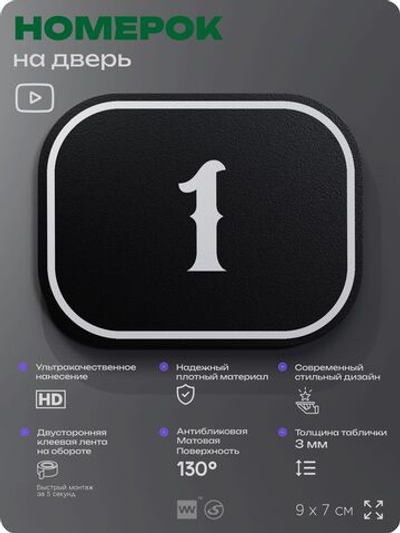 Номерок на дверь квартиры 1, для кабинета, офиса, шильдик 9 х 7 см, черный, Айдентика Технолоджи