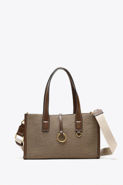 ZARA ТКАНАЯ СУМКА-ШОПЕР, СЕРО-КОРИЧНЕВЫЙ