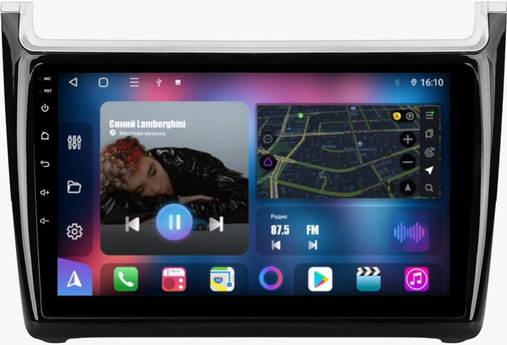 Магнитола для Volkswagen Polo 2009-2020 (рамка черная глянцевая) - FarCar BM8080GLM на Android 13, QLED, TS10, 4Гб+32Гб, CarPlay, 4G SIM-слот