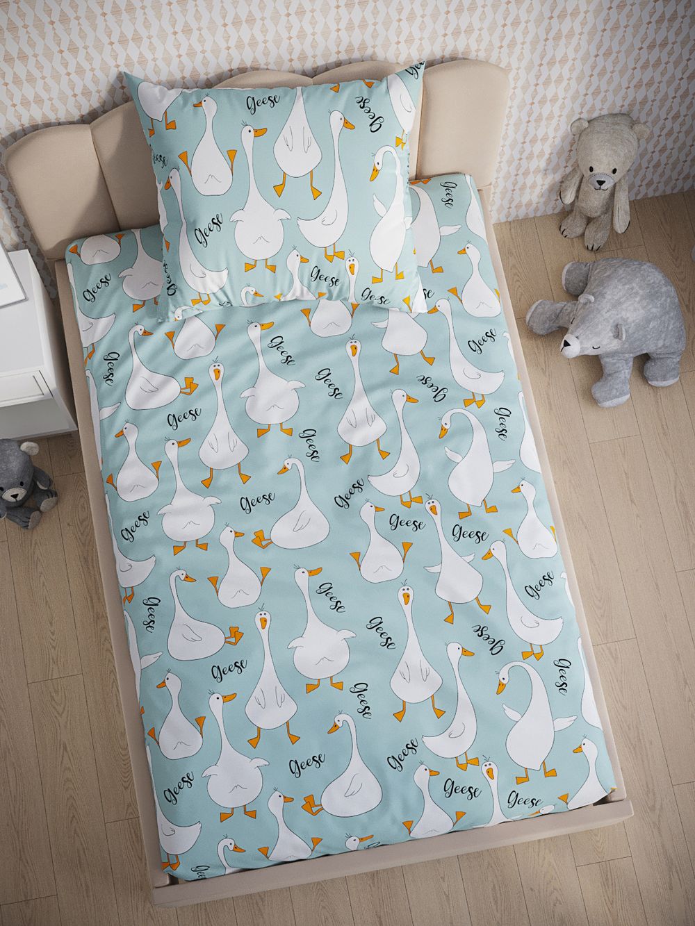 Постельное белье поплин Сказка "Гуси на мятном" 1,5-сп Наволочка 50х70 см 1 шт Простынь 150x215 смПододеяльник 145x205 см