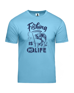 Футболка рыбака Fishing is my life классическая прямая голубая с синим рисунком